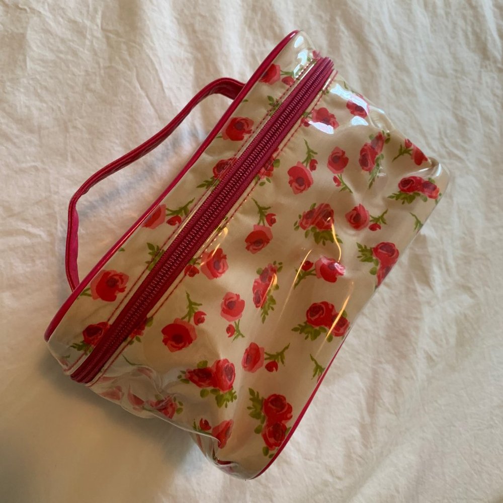 Makeup Bag Toiletry Bag floral pink rose with top handle (USED)